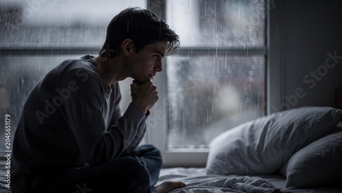 Melancholy young man sits in a pensive posture on a rainy day in a dimly lit room with blurred glass and grey pillows. Suitable for depicting somber emotions and contemplation in photography or design