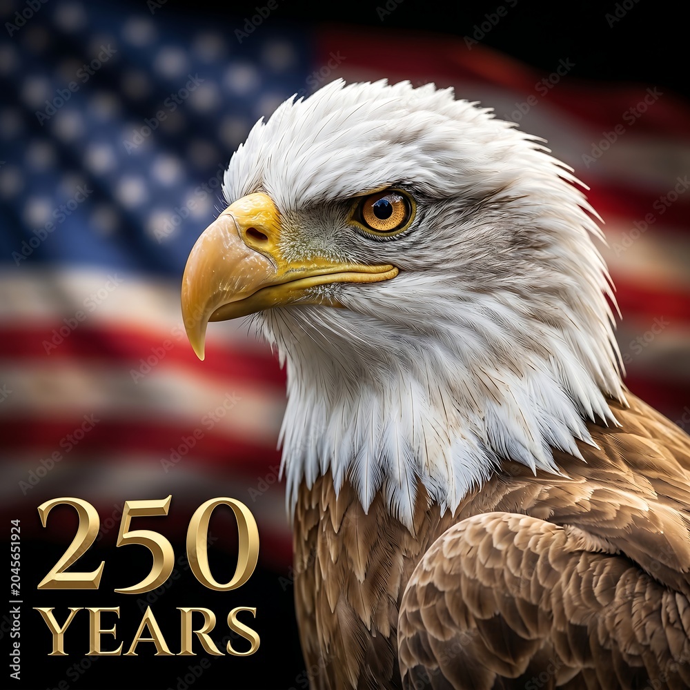 Naklejka premium Bald eagle in front of American flag 250 years
