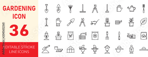 Obraz na plátně Red gardening icon set with thirty six editable stroke line drawings