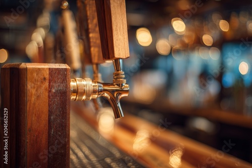 Close-up of a wooden beer tap handle in a bar with a blurred background