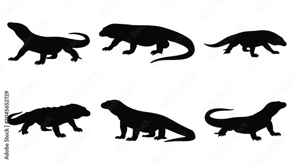 Obraz premium Collection of various komodo dragon silhouettes