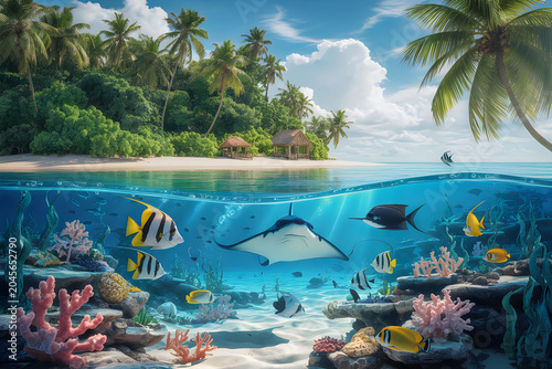Vibrant underwater coral reef teeming with exotic fish and a majestic stingray in a tropical paradise setting
