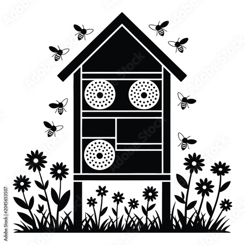 Bee Hotel with Wildflowers at Base Vector, Silhouette, Illustration