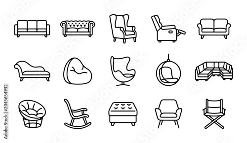 Foto Modern Furniture Icons Set: Sofa, Armchair, Recliner, Chaise Lounge, Bean Bag, E