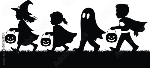 Billede på lærred Black and White Stylized Children Holding Pumpkin Pails for Festival UI Layouts, Spooky Halloween Trick-or-Treating Children Vector Silhouette Lineup, Trick or Treat kids silhouettes