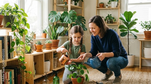 Smiling woman teaching young daughter how to care for indoor plants and monstera in bright botanical home library setting.