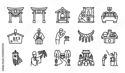 Fotografie Japanese Shinto Shrine Icons, Sacred Torii Gates, Prayer Rituals, 15 Vector Elem