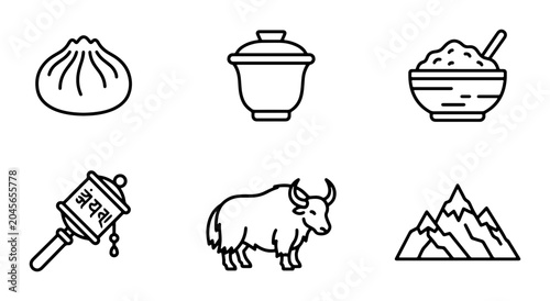 Photos Tibetan Culture Icons: Dumpling, Tea Cup, Rice Bowl, Prayer Wheel, Yak, Mountain