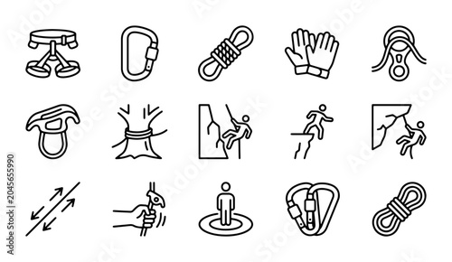 Bild auf Leinwand Climbing Gear Icons Set, Rock Climbing Equipment Vector Symbols, Outdoor Adventu