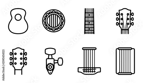 Schilderij op canvas Acoustic Guitar Elements Vector Icons, Musical Instrument Parts Collection, Stri