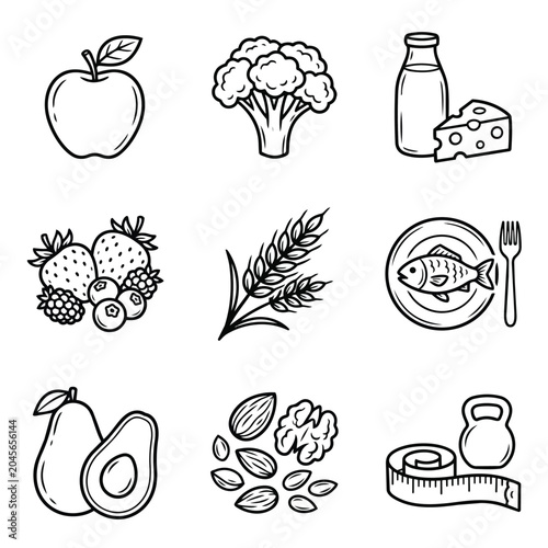 Healthy Food Icons Representing Nutrition and Diet.