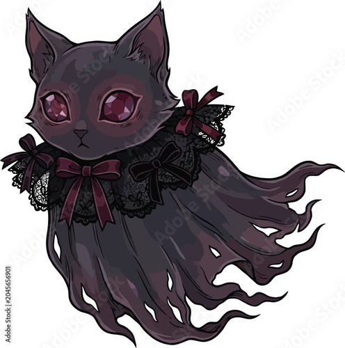 A cartoon illustration of a black cat with a purple bow and long flowing hair