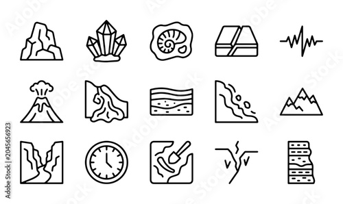 Bild auf Leinwand Geology Icons Set: Rocks, Volcano, Fossil, Layers, Earthquake, Mountains, Time