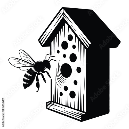 Bee Landing on Entrance Hole of Bee Hotel Vector, Silhouette, Illustration