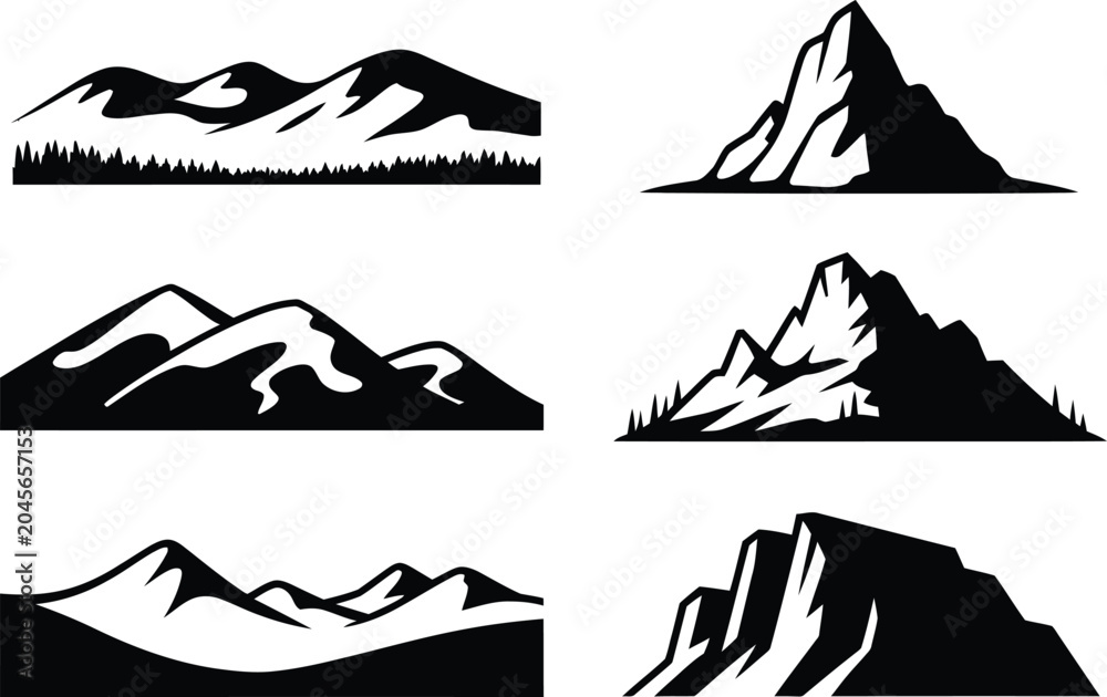 Fototapeta premium Mountain peak logo set, outdoor adventure forest silhouette vector