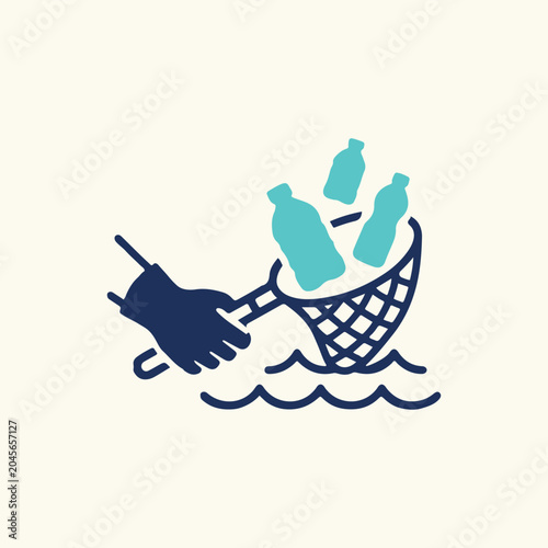 Ocean plastic pollution cleanup icon flat vector illustration