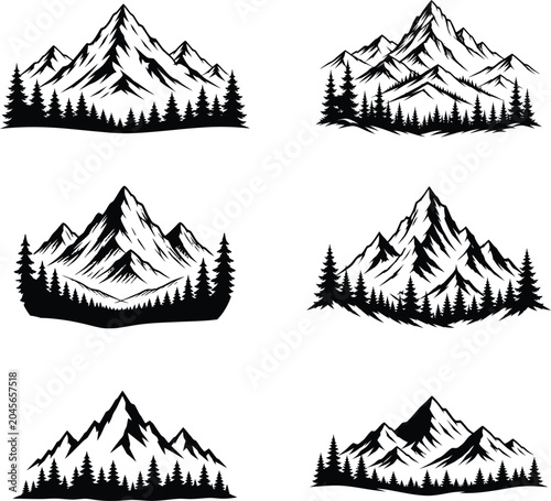 Mountain peak logo set, outdoor adventure forest silhouette vector