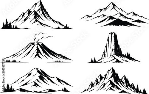Mountain peak logo set, outdoor adventure forest silhouette vector
