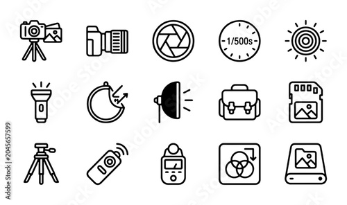 Fotografi Photography Icons Set: Camera Gear, Lighting, Settings, Storage, 15 Vector Eleme