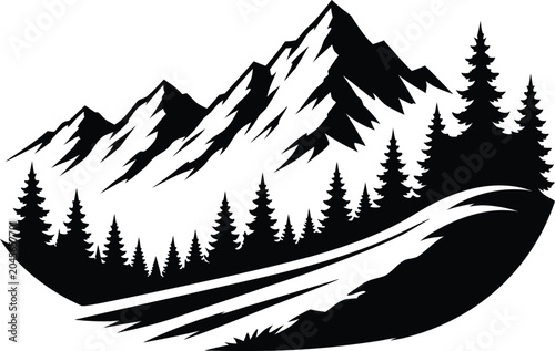Mountain peak logo set, outdoor adventure forest silhouette vector