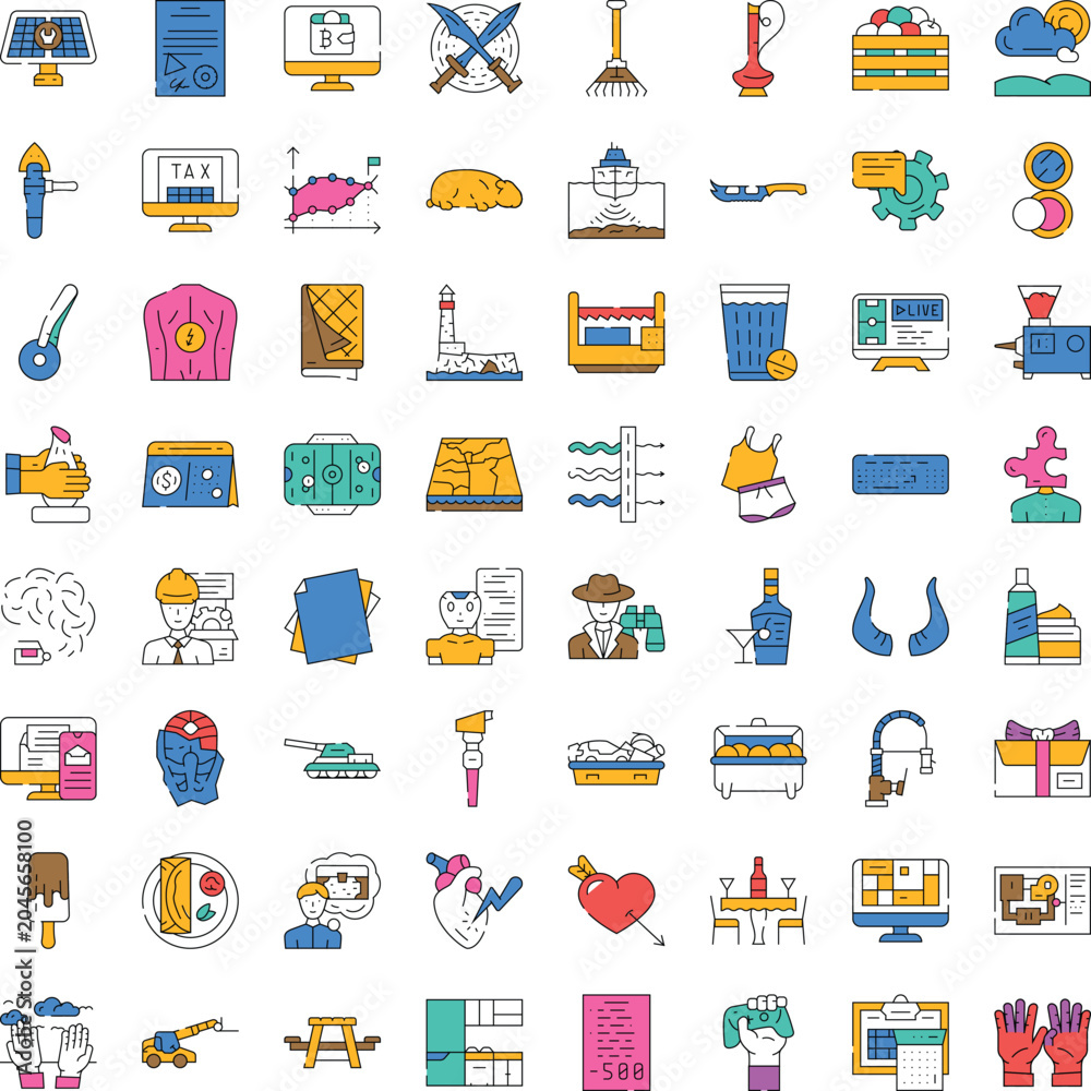 Naklejka premium Diverse collection of filled outline line icons covering various concepts including solar energy, finance, technology, environment, health, food, and daily objects for web and user interface design