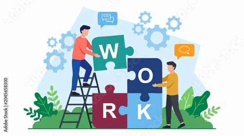 Photos Business people assembling 'WORK' puzzle pieces, concept of teamwork and collabo