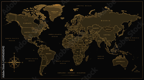 Schilderij op canvas A detailed world map with countries outlined in gold on a black background, featuring a compass rose and ocean names