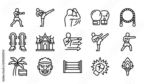 Cuadro en lienzo Martial Arts Icons Set, Muay Thai Fighting Elements, Combat Sport Graphics, Kick