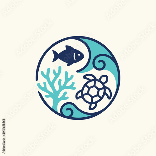 Marine biodiversity sea creatures circle icon flat vector