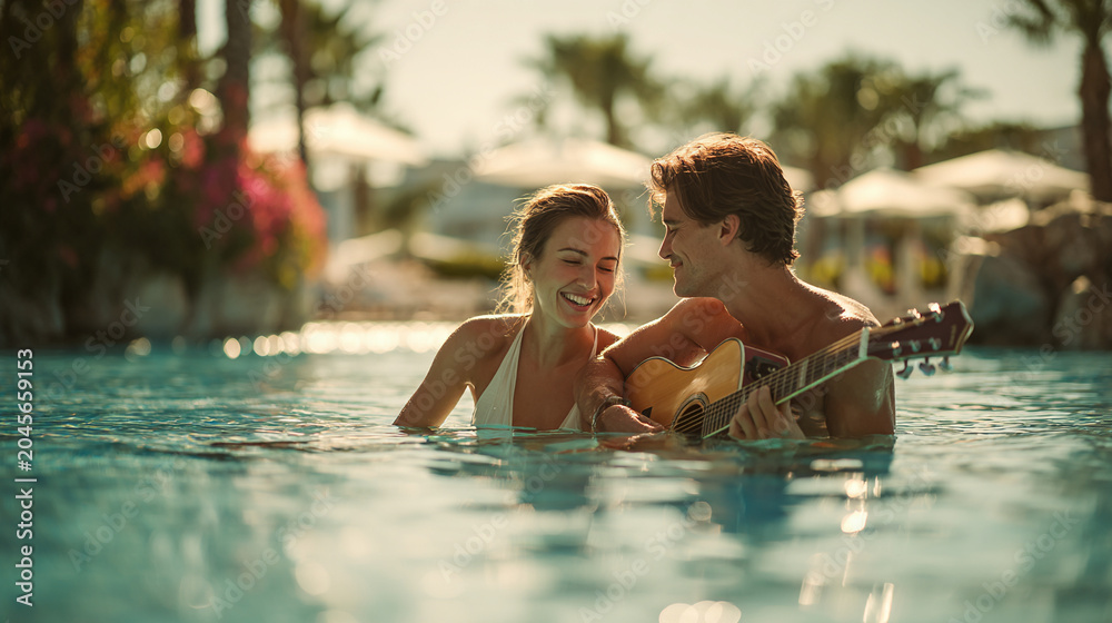 Fototapeta premium Happy young couple in love playing guitar in a swimming pool at a luxury resort during a sunny summer vacation