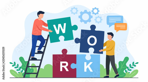 Photos Two men assembling WORK puzzle pieces, illustrating teamwork and business collab