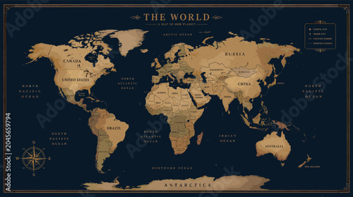 Obraz na płótnie A vintage-style world map illustration with detailed country borders, oceans, and continents, presented in a sepia and dark blue color palette