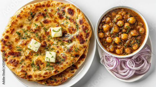 Delicious indian dish amritsari kulcha with chole and onion rings isolated on white background