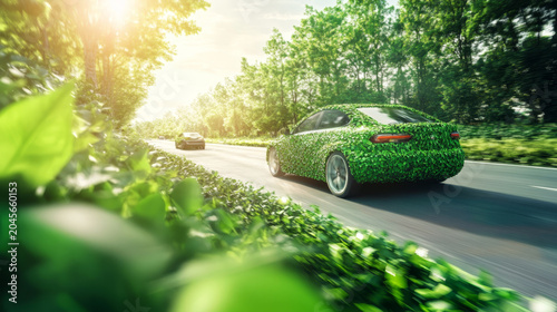 Eco-Friendly Cars on Green Roadway with Shrubs