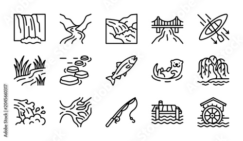 Fotografi River and Water Icons: Waterfall, Kayak, Fish, Otter, Bridge, Fishing Rod, Water