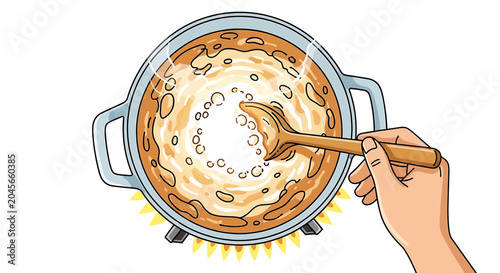 Top view of a hand stirring a pot of boiling soup on a stove