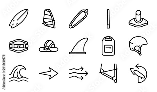 Foto Water Sports Icons Set: Surfboard, Windsurf Sail, Wakeboard, Wave, Fins, Helmets