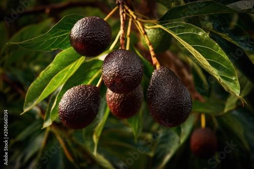 Avocado tree with dark bumpy fruits, subtropical luxury harvest, gourmet agricultural concept
