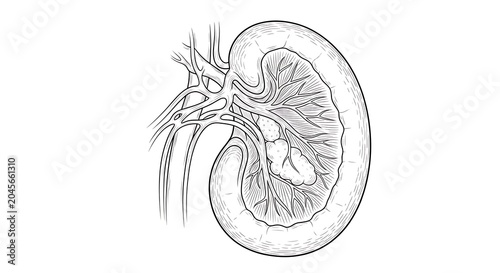 Detailed human kidney anatomy illustration.