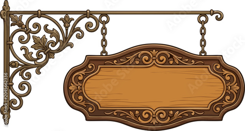 Foto Elegant vintage wooden hanging signboard with ornate wrought iron bracket