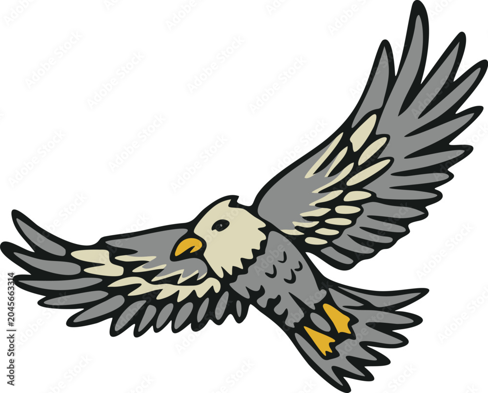 Obraz premium Colorful cartoon line illustration of an eagle flying with wings spread, shown in dynamic side view as an isolated wildlife emblem on white