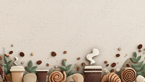 Cozy bottom border of coffee cups, roasted beans, croissants, and cinnamon rolls in a charming 3D style, perfect for bakery or cafe-themed designs