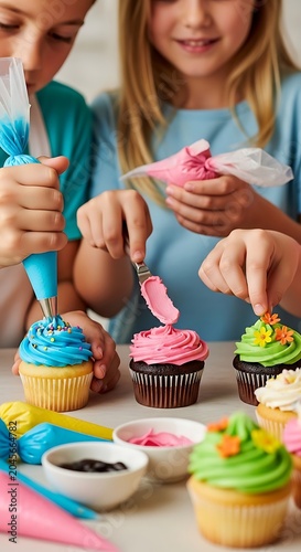 Children decorating colorful cupcakes together.