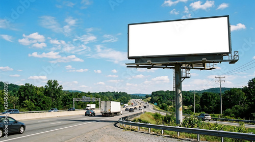 A large blank billboard stands on the side of a busy highway with cars and trucks driving by under a blue sky with clouds.