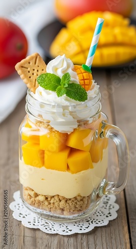 Mango dessert in a glass jar.