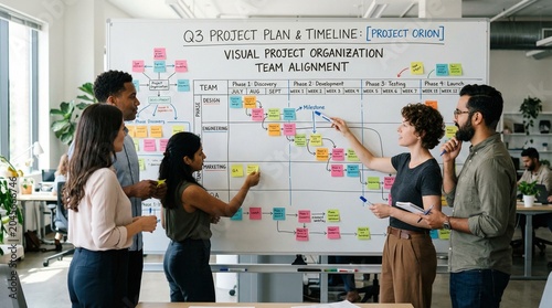 Business team analyzing visual project timeline and task organization on whiteboard in bright modern office environment.