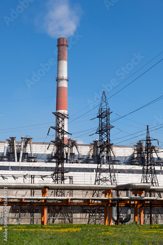 Thermal Power Station with Industrial Pipelines, Transmission Towers and Emission Stacks