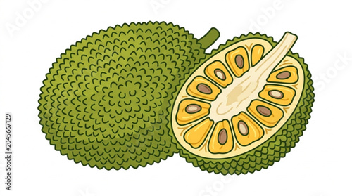 Foto Whole and Halved Jackfruit Tropical Fruit Illustration.
