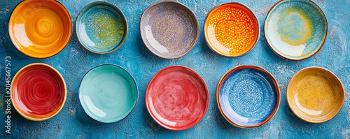 Vibrant round ceramic plates on a textured blue background.