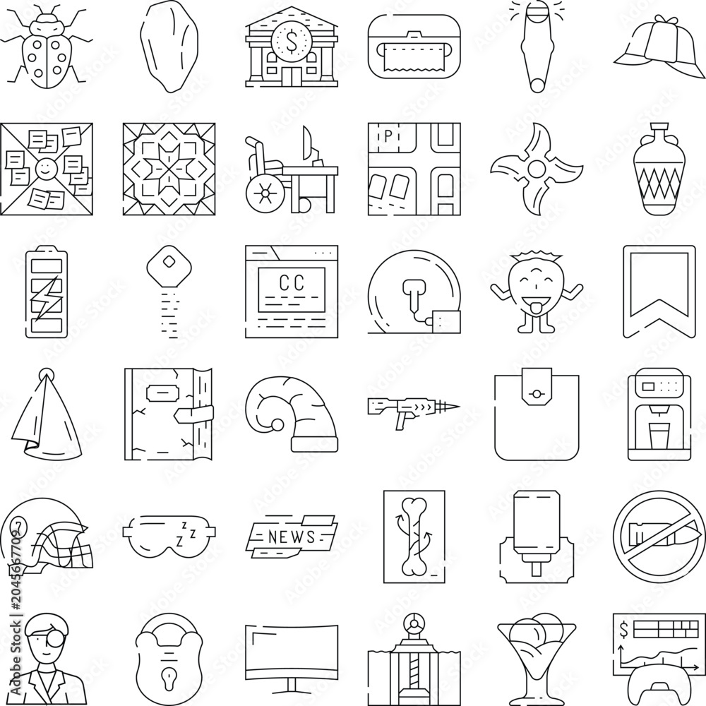 Fototapeta premium Diverse set of line art icons depicting objects, symbols, and abstract concepts for web design, applications, infographics, and general visual communication needs